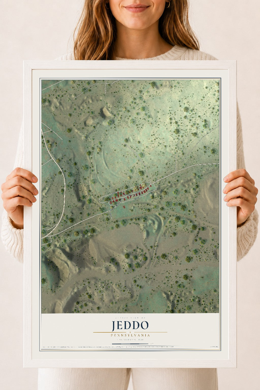 Map of Jeddo, Pennsylvania, 18 x 24 inch print in a white wood frame