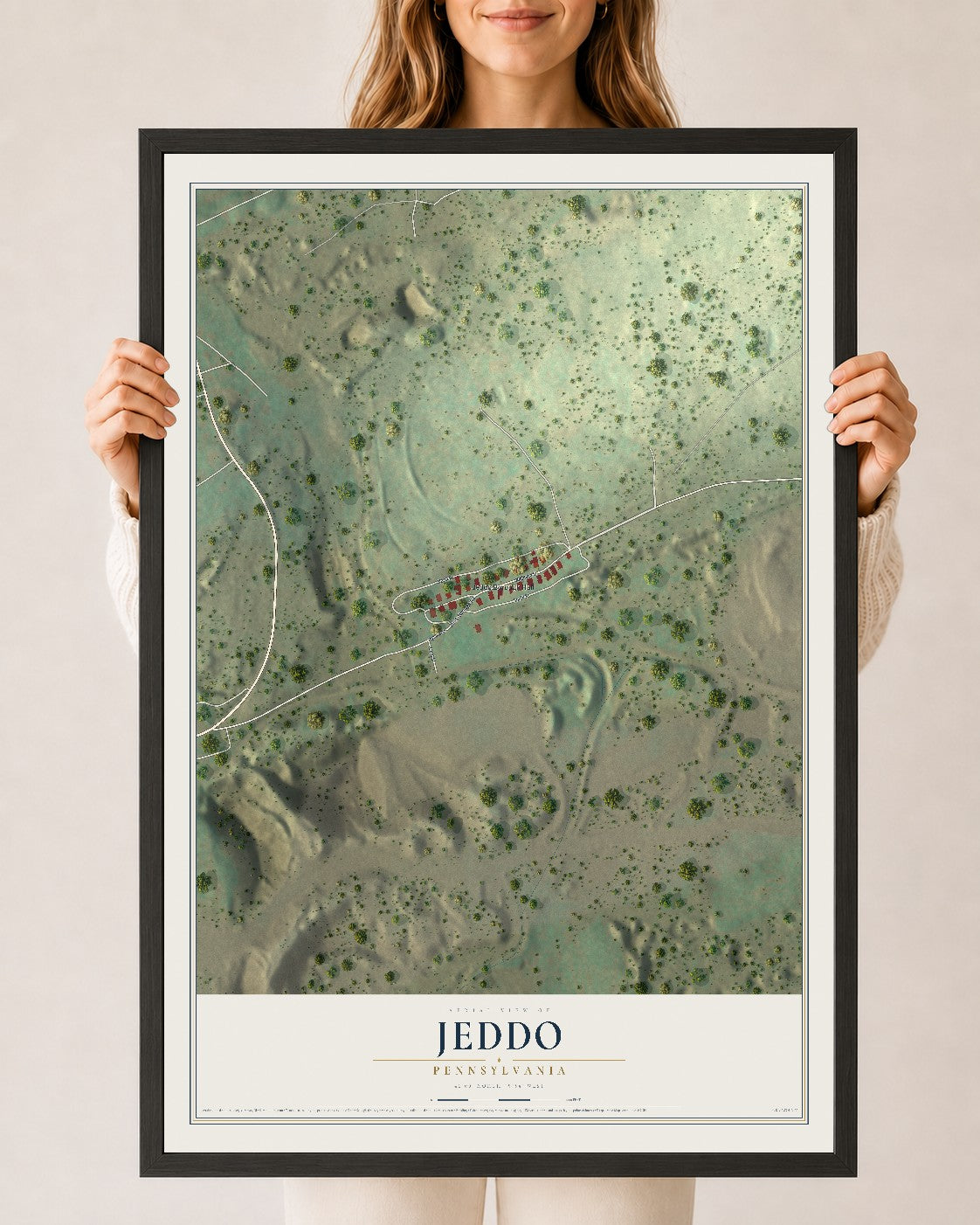 Map of Jeddo, Pennsylvania, 24 x 36 inch print in a black wood frame