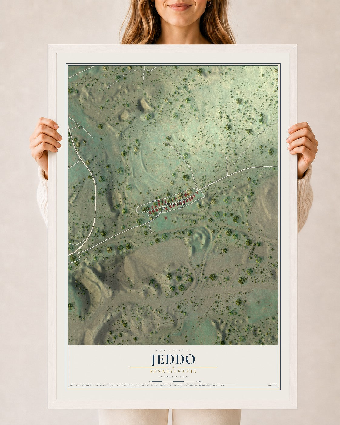 Map of Jeddo, Pennsylvania, 24 x 36 inch print in a white wood frame