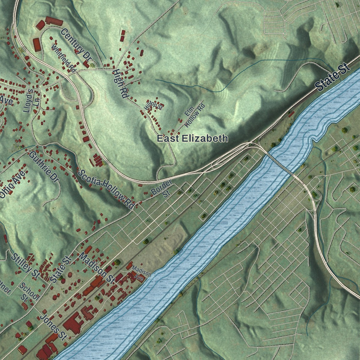 Second close-up of the map of Jefferson Hills, Pennsylvania print showing more streets and buildings