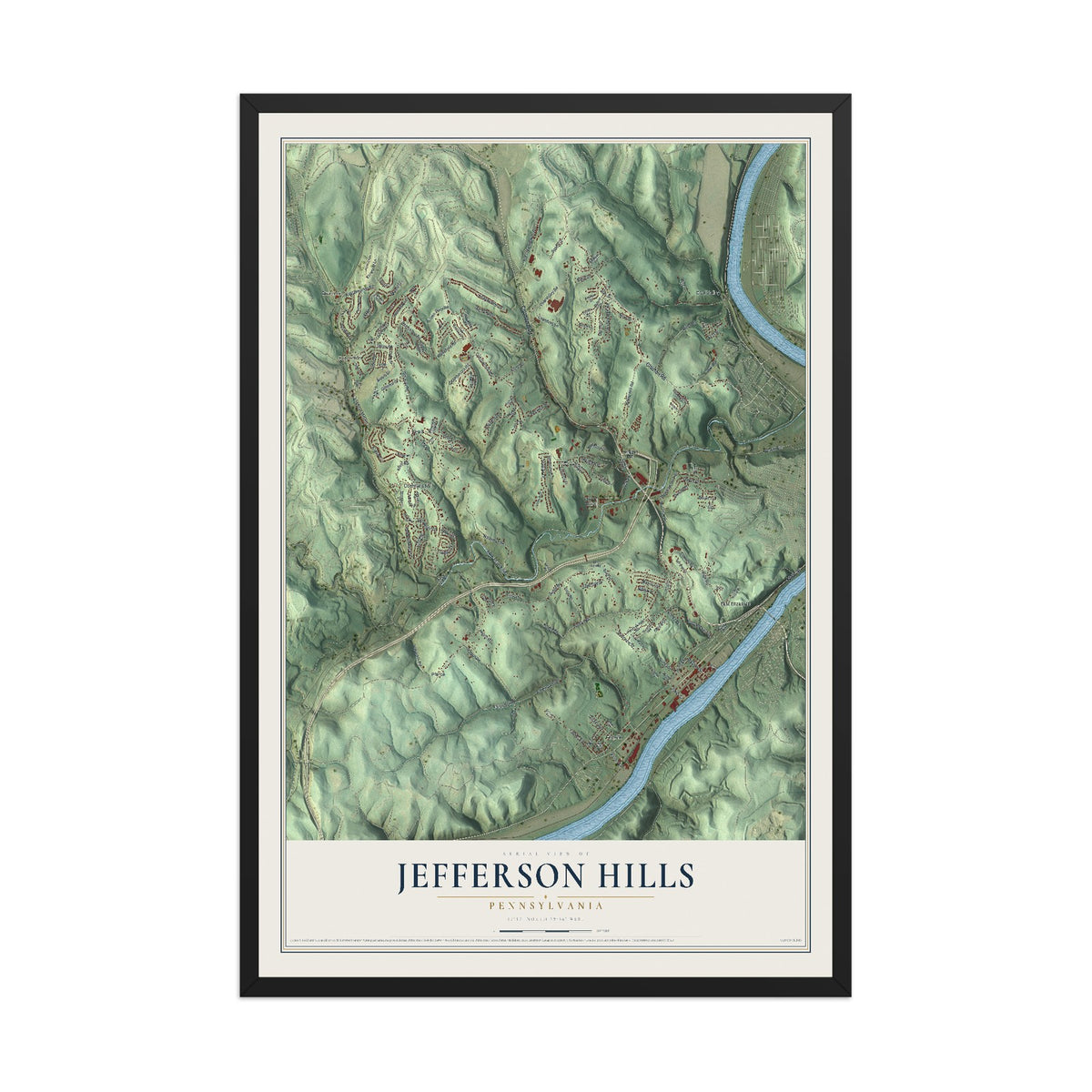 Map of Jefferson Hills, Pennsylvania, 12 x 18 inch print in a black wood frame