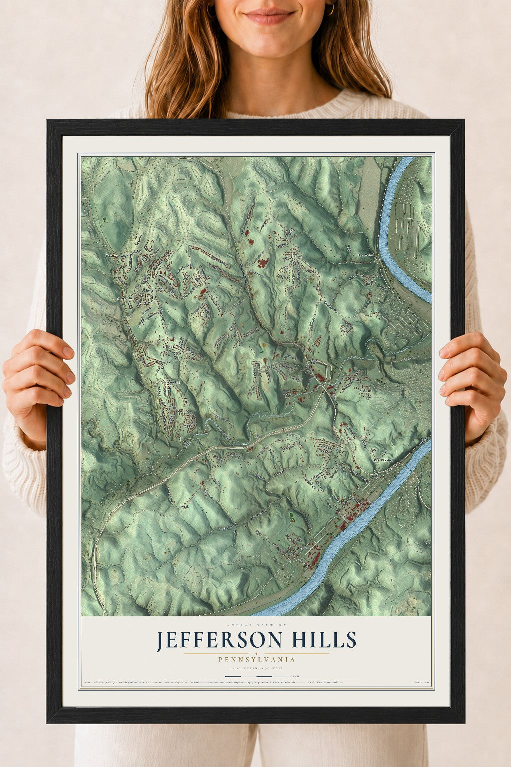 Map of Jefferson Hills, Pennsylvania, 18 x 24 inch print in a black wood frame