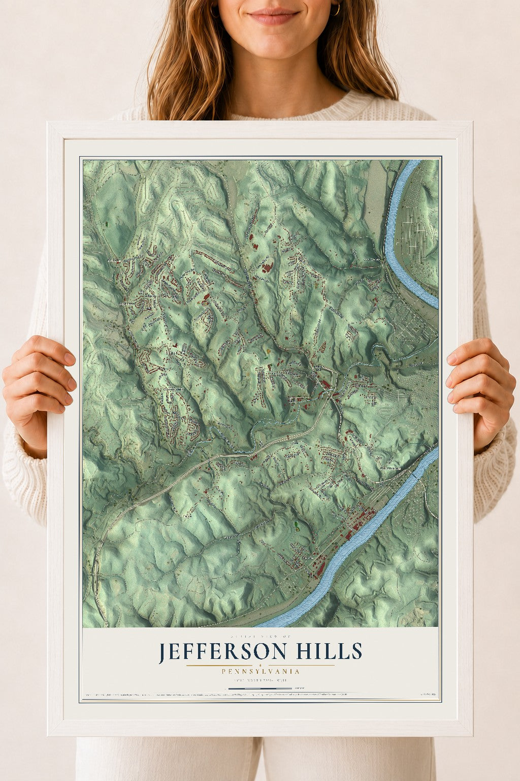 Map of Jefferson Hills, Pennsylvania, 18 x 24 inch print in a white wood frame