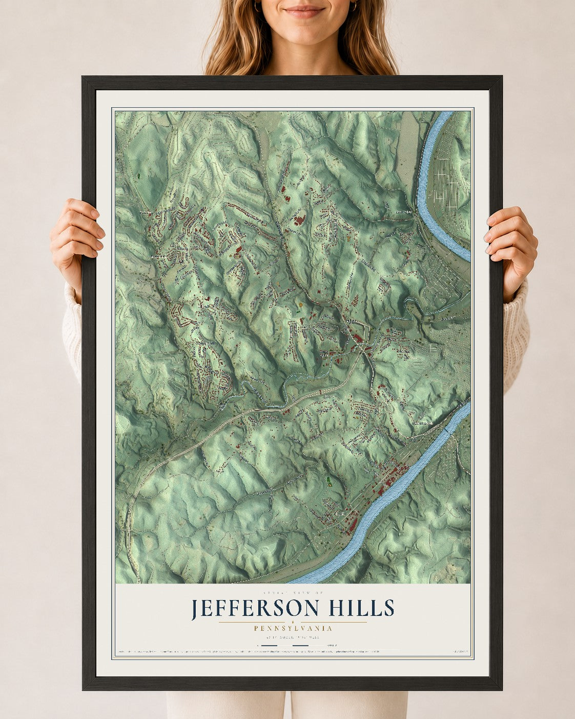 Map of Jefferson Hills, Pennsylvania, 24 x 36 inch print in a black wood frame