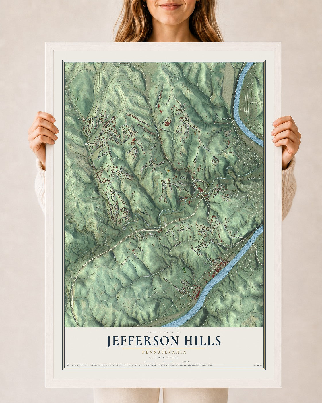 Map of Jefferson Hills, Pennsylvania, 24 x 36 inch print in a white wood frame