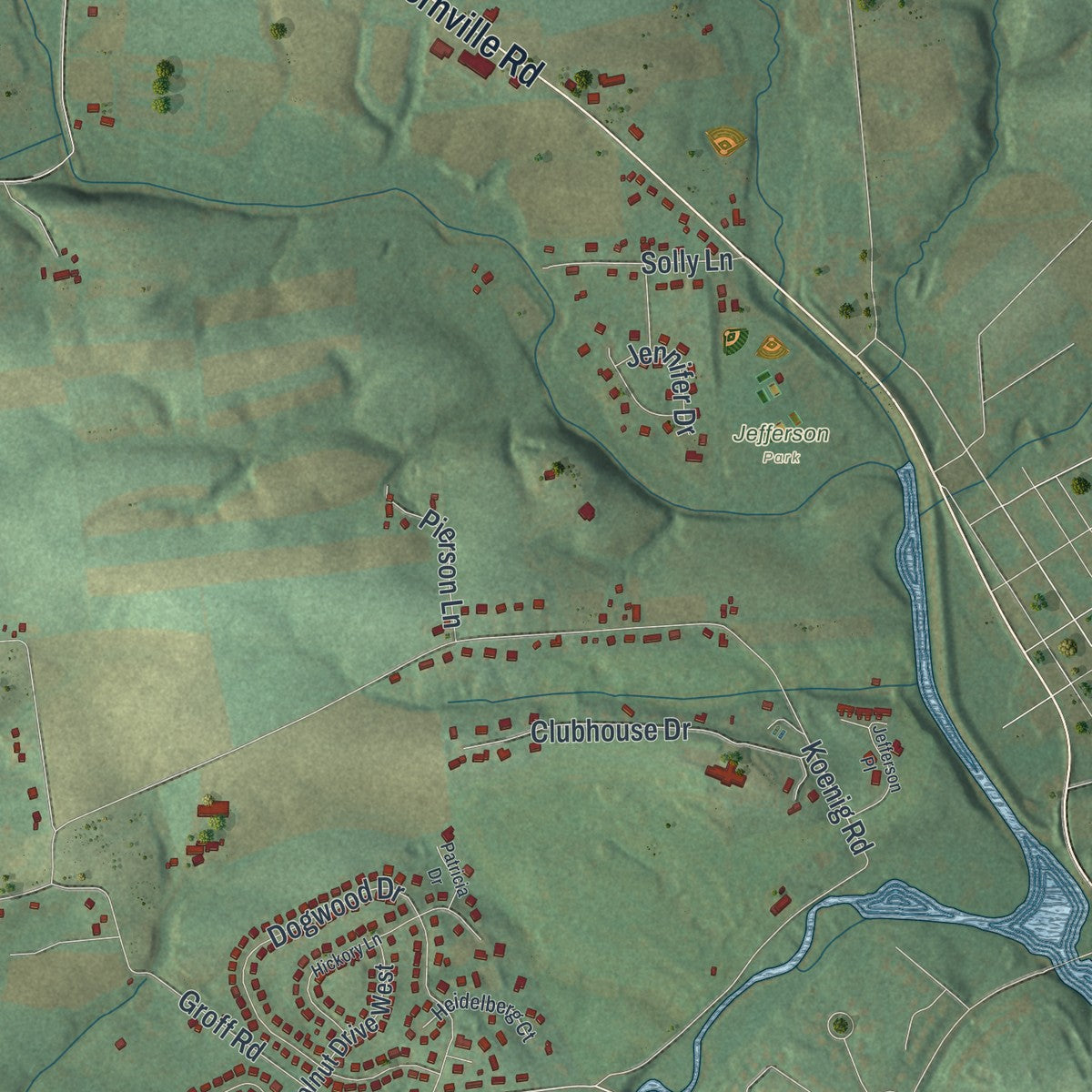 Second close-up of the map of Jefferson, Berks County, Pennsylvania print showing more streets and buildings