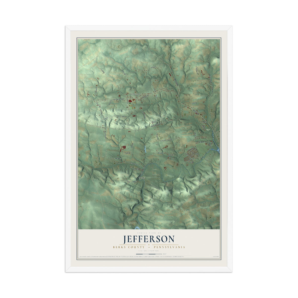 Map of Jefferson, Berks County, Pennsylvania, 12 x 18 inch print in a white wood frame