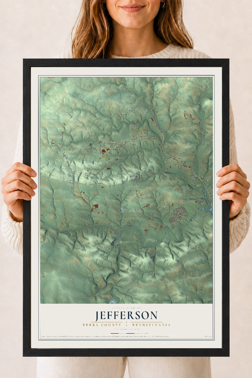 Map of Jefferson, Berks County, Pennsylvania, 18 x 24 inch print in a black wood frame