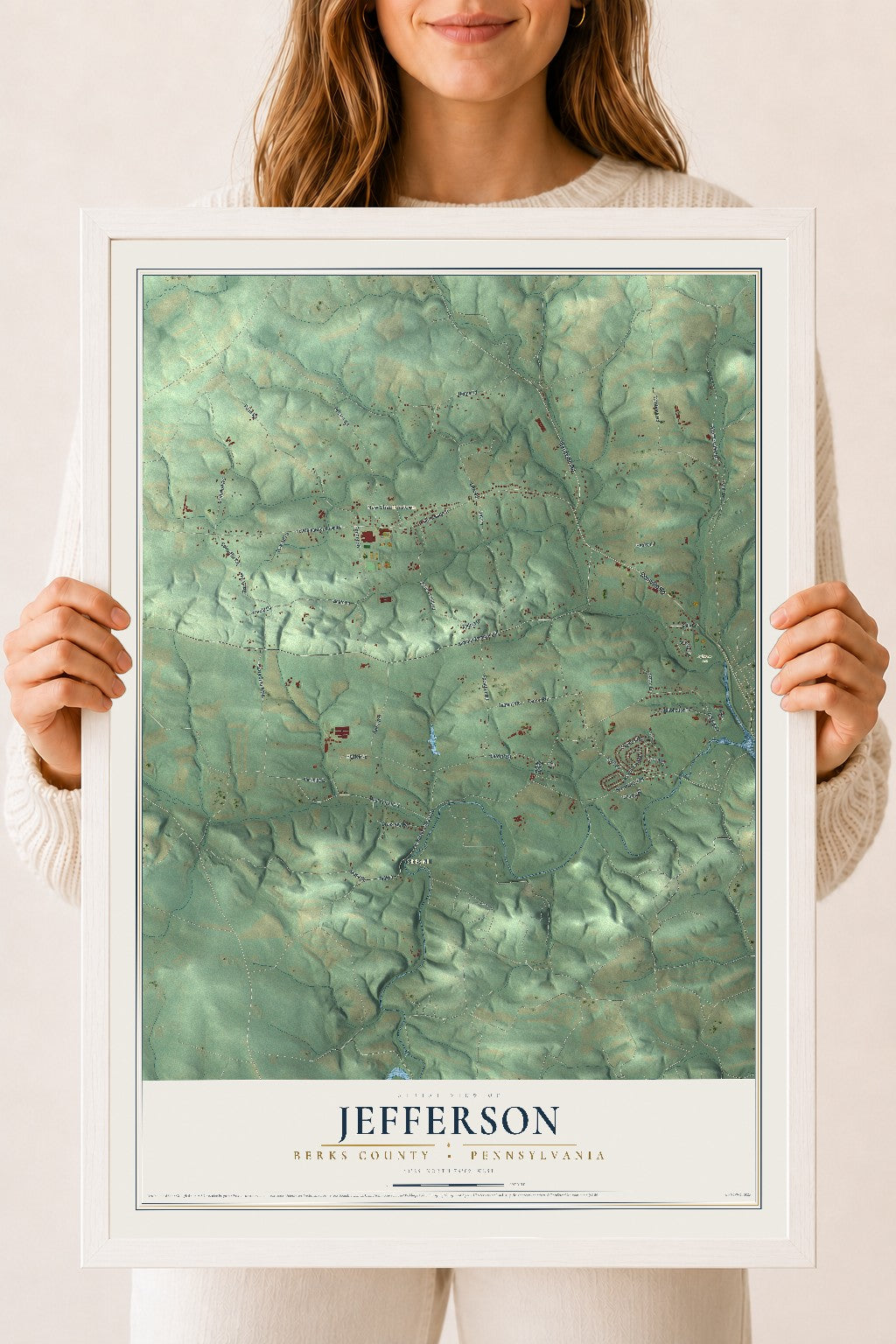 Map of Jefferson, Berks County, Pennsylvania, 18 x 24 inch print in a white wood frame