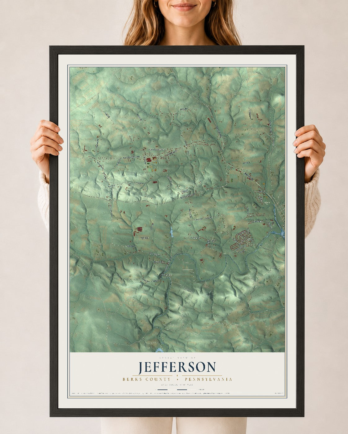 Map of Jefferson, Berks County, Pennsylvania, 24 x 36 inch print in a black wood frame