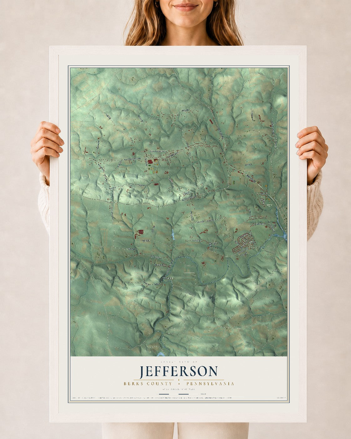 Map of Jefferson, Berks County, Pennsylvania, 24 x 36 inch print in a white wood frame