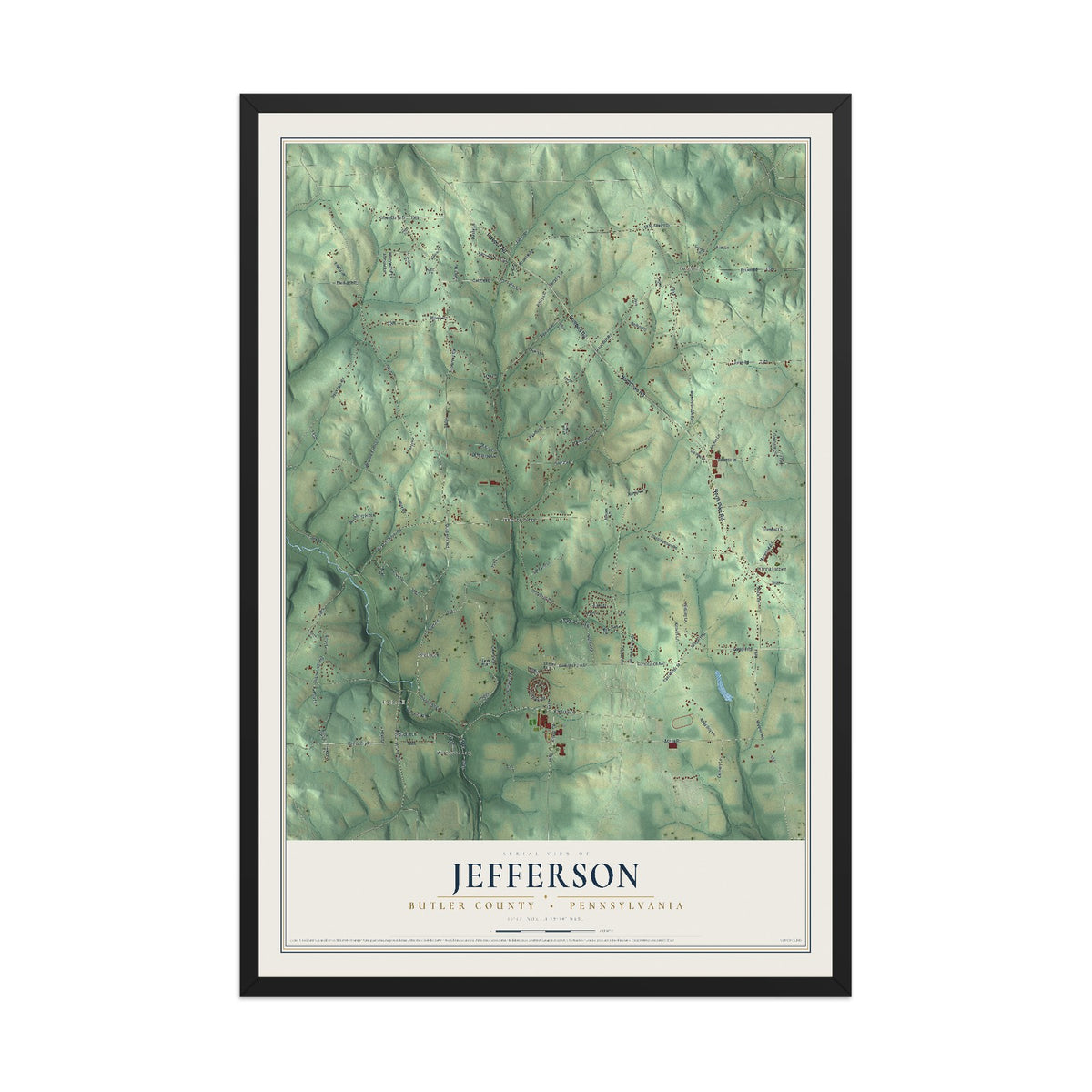 Map of Jefferson, Butler County, Pennsylvania, 12 x 18 inch print in a black wood frame