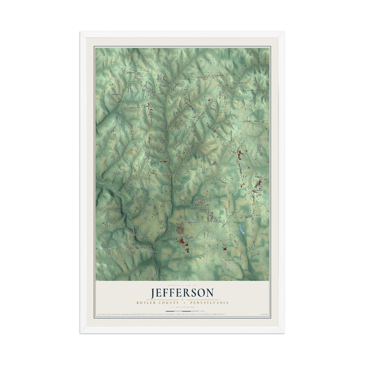 Map of Jefferson, Butler County, Pennsylvania, 12 x 18 inch print in a white wood frame