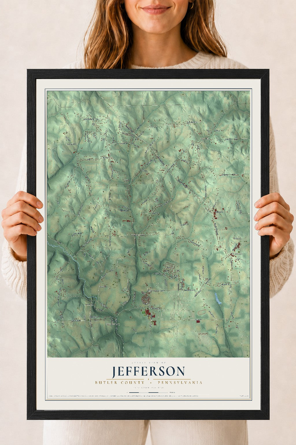 Map of Jefferson, Butler County, Pennsylvania, 18 x 24 inch print in a black wood frame