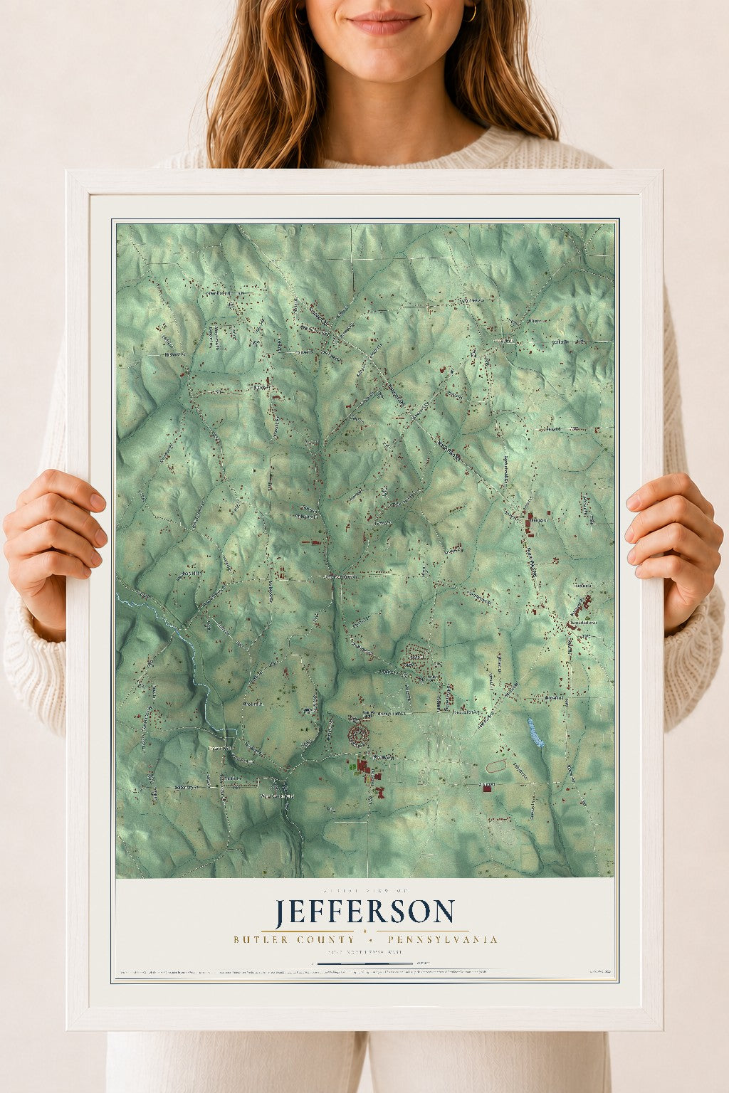 Map of Jefferson, Butler County, Pennsylvania, 18 x 24 inch print in a white wood frame