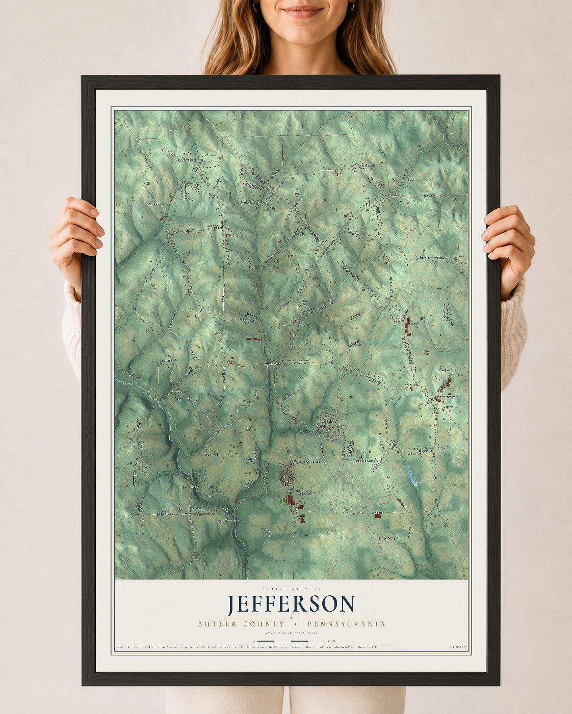 Map of Jefferson, Butler County, Pennsylvania, 24 x 36 inch print in a black wood frame
