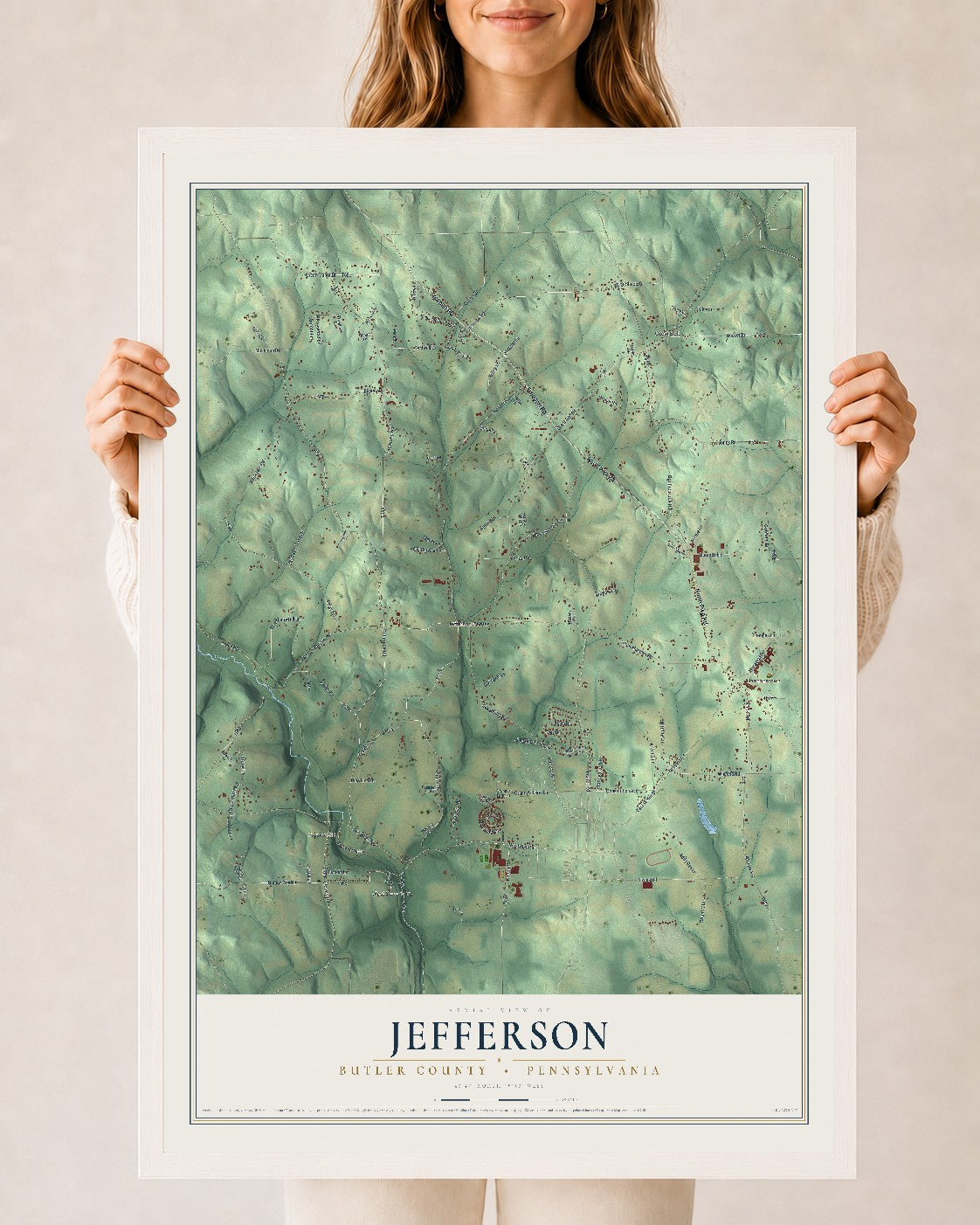 Map of Jefferson, Butler County, Pennsylvania, 24 x 36 inch print in a white wood frame