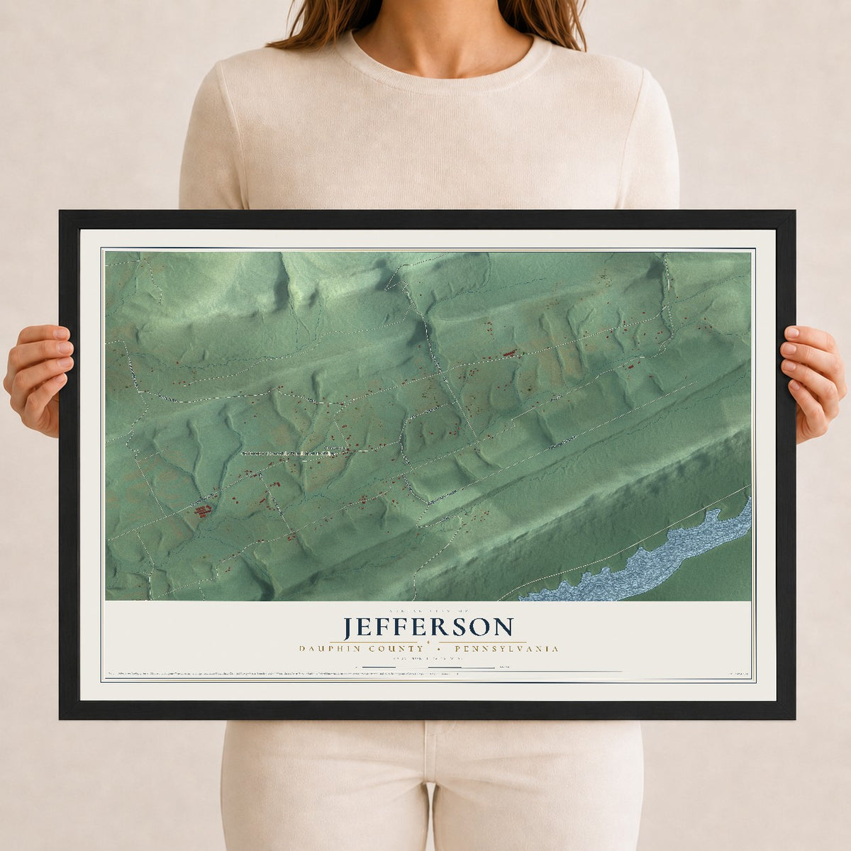 Map of Jefferson, Dauphin County, Pennsylvania, 12 x 18 inch print in a black wood frame