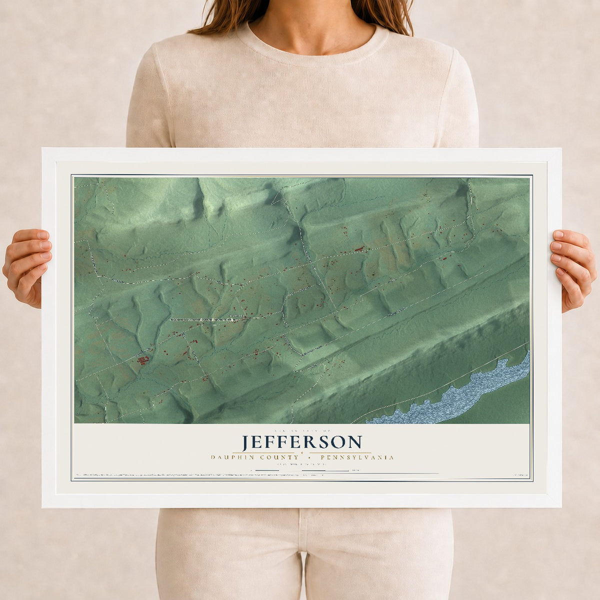 Map of Jefferson, Dauphin County, Pennsylvania, 12 x 18 inch print in a white wood frame