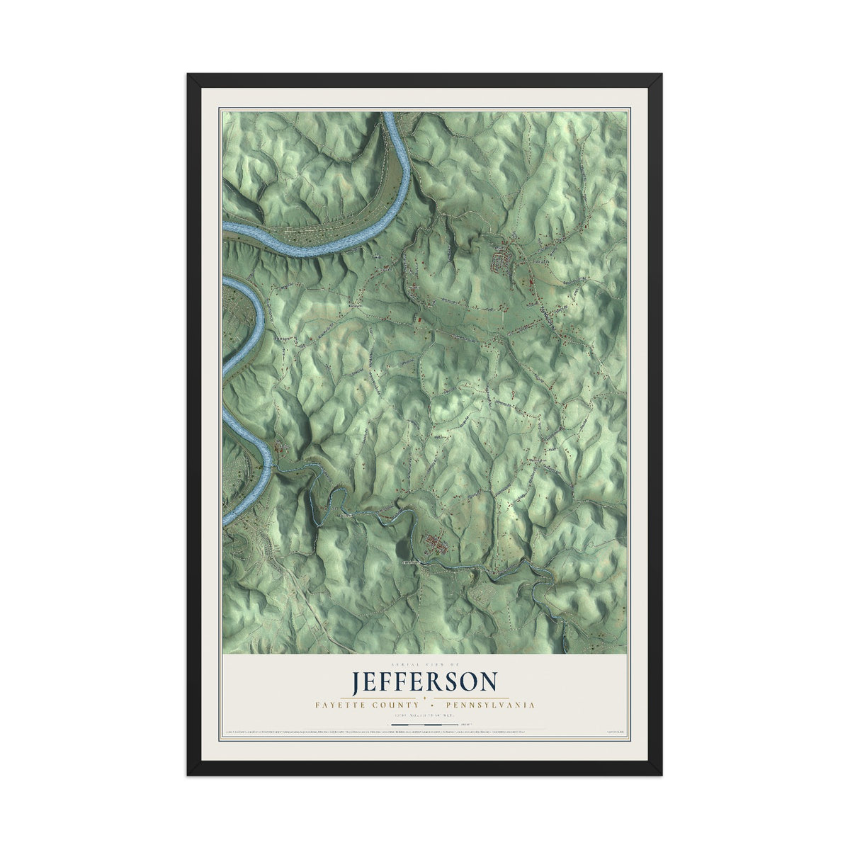 Map of Jefferson, Fayette County, Pennsylvania, 12 x 18 inch print in a black wood frame