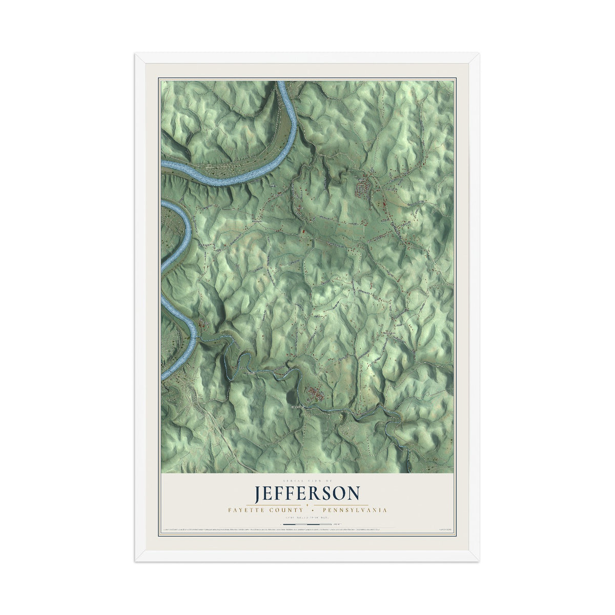 Map of Jefferson, Fayette County, Pennsylvania, 12 x 18 inch print in a white wood frame