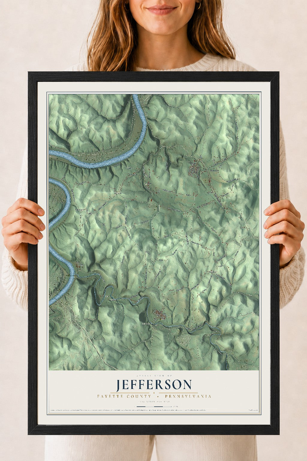 Map of Jefferson, Fayette County, Pennsylvania, 18 x 24 inch print in a black wood frame