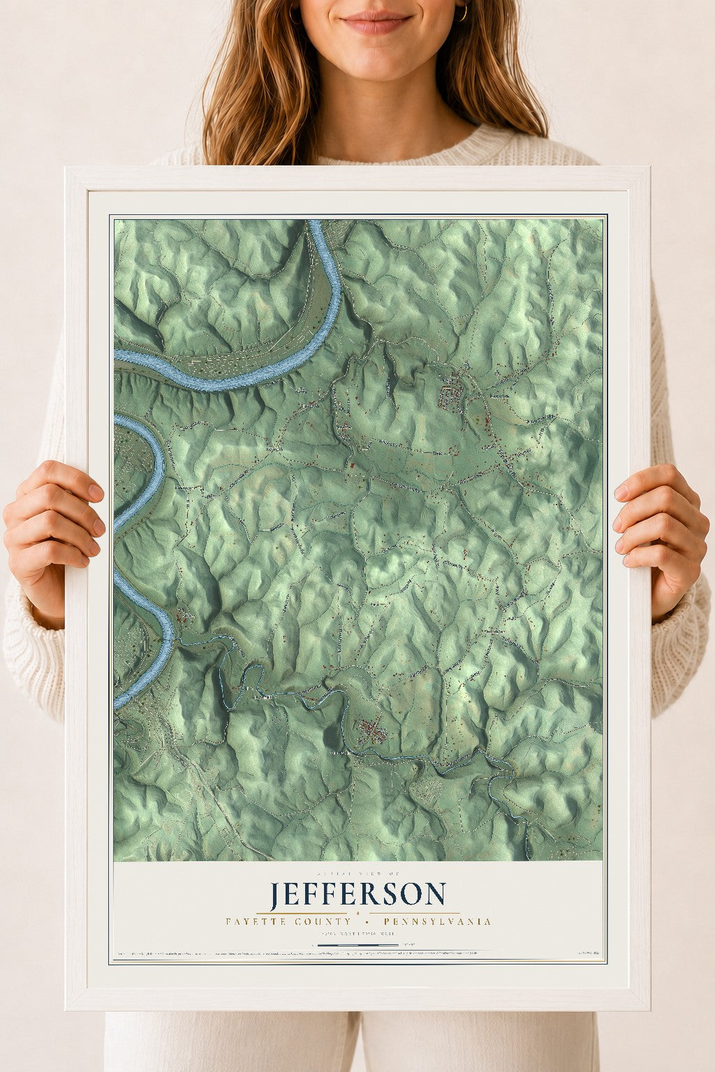 Map of Jefferson, Fayette County, Pennsylvania, 18 x 24 inch print in a white wood frame