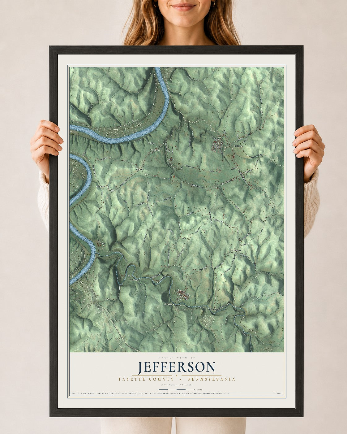 Map of Jefferson, Fayette County, Pennsylvania, 24 x 36 inch print in a black wood frame