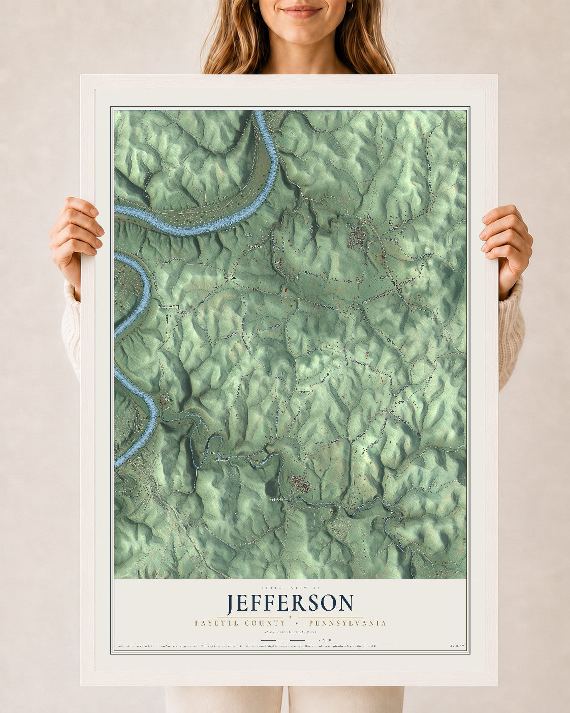 Map of Jefferson, Fayette County, Pennsylvania, 24 x 36 inch print in a white wood frame