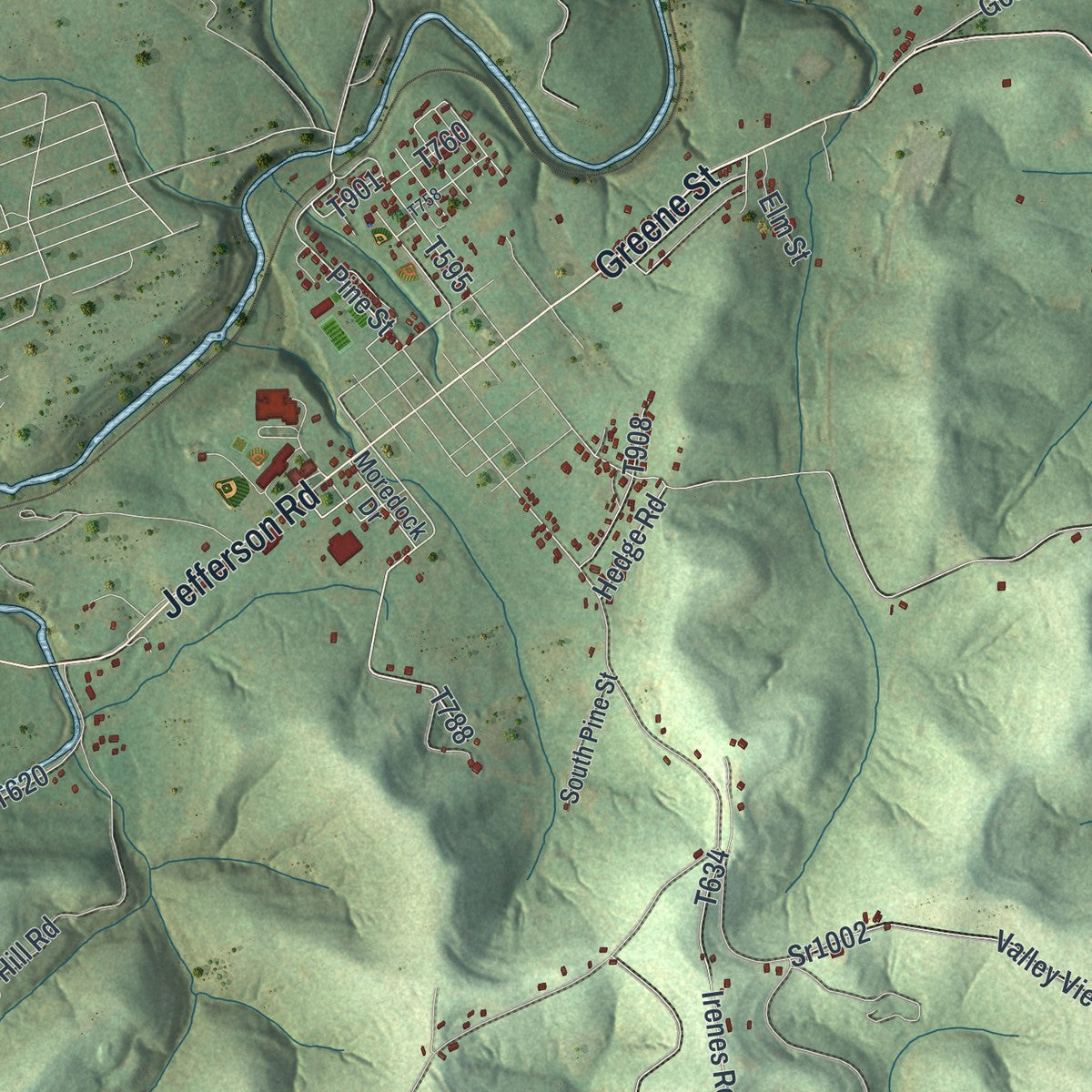 Second close-up of the map of Jefferson, Greene County, Pennsylvania print showing more streets and buildings