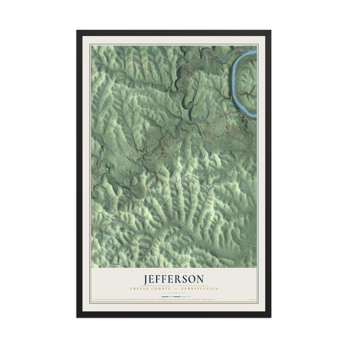 Map of Jefferson, Greene County, Pennsylvania, 12 x 18 inch print in a black wood frame