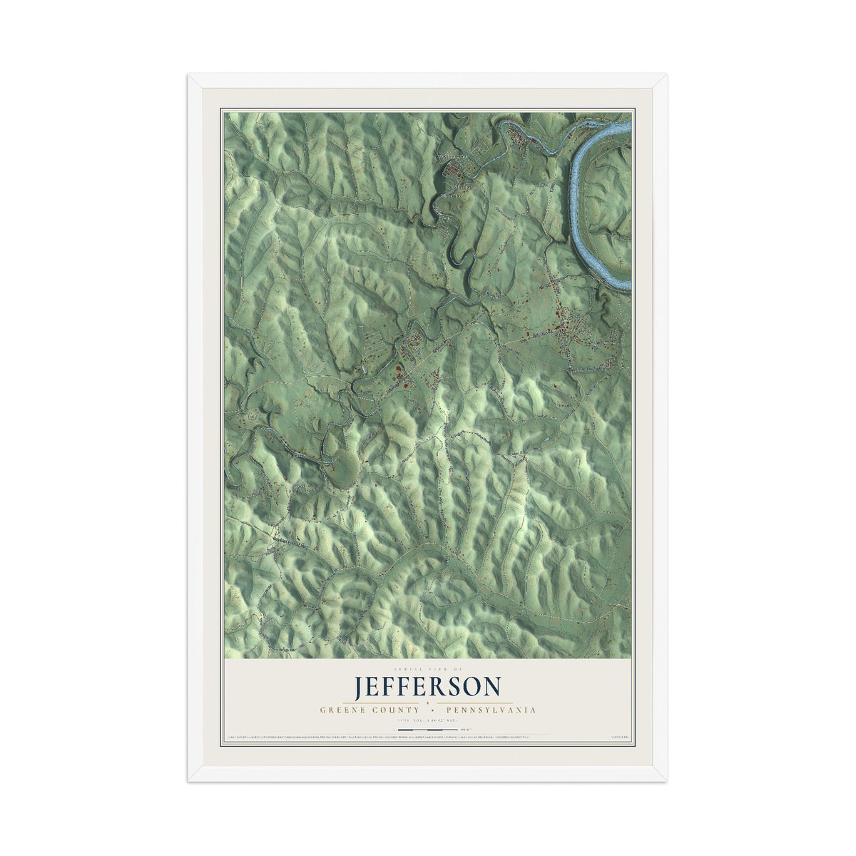 Map of Jefferson, Greene County, Pennsylvania, 12 x 18 inch print in a white wood frame