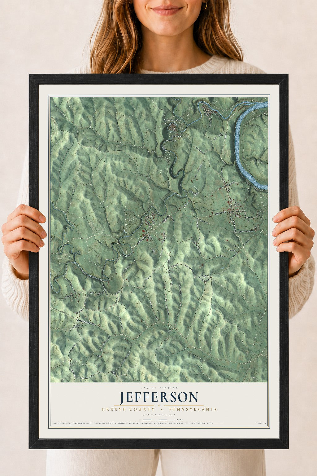 Map of Jefferson, Greene County, Pennsylvania, 18 x 24 inch print in a black wood frame