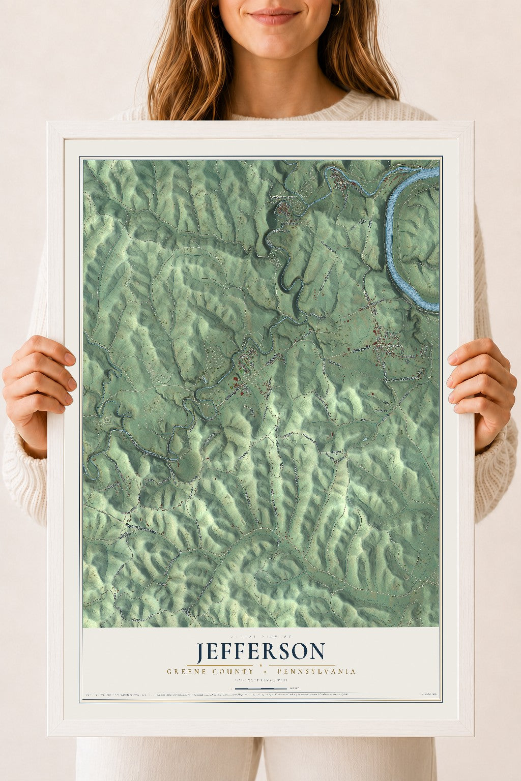 Map of Jefferson, Greene County, Pennsylvania, 18 x 24 inch print in a white wood frame