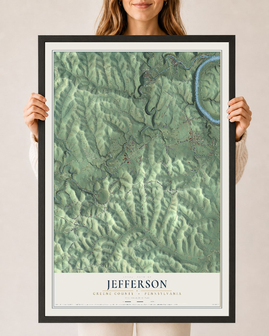 Map of Jefferson, Greene County, Pennsylvania, 24 x 36 inch print in a black wood frame