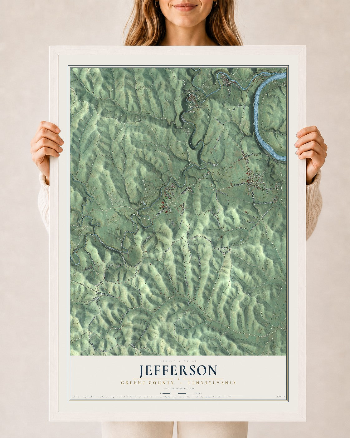 Map of Jefferson, Greene County, Pennsylvania, 24 x 36 inch print in a white wood frame