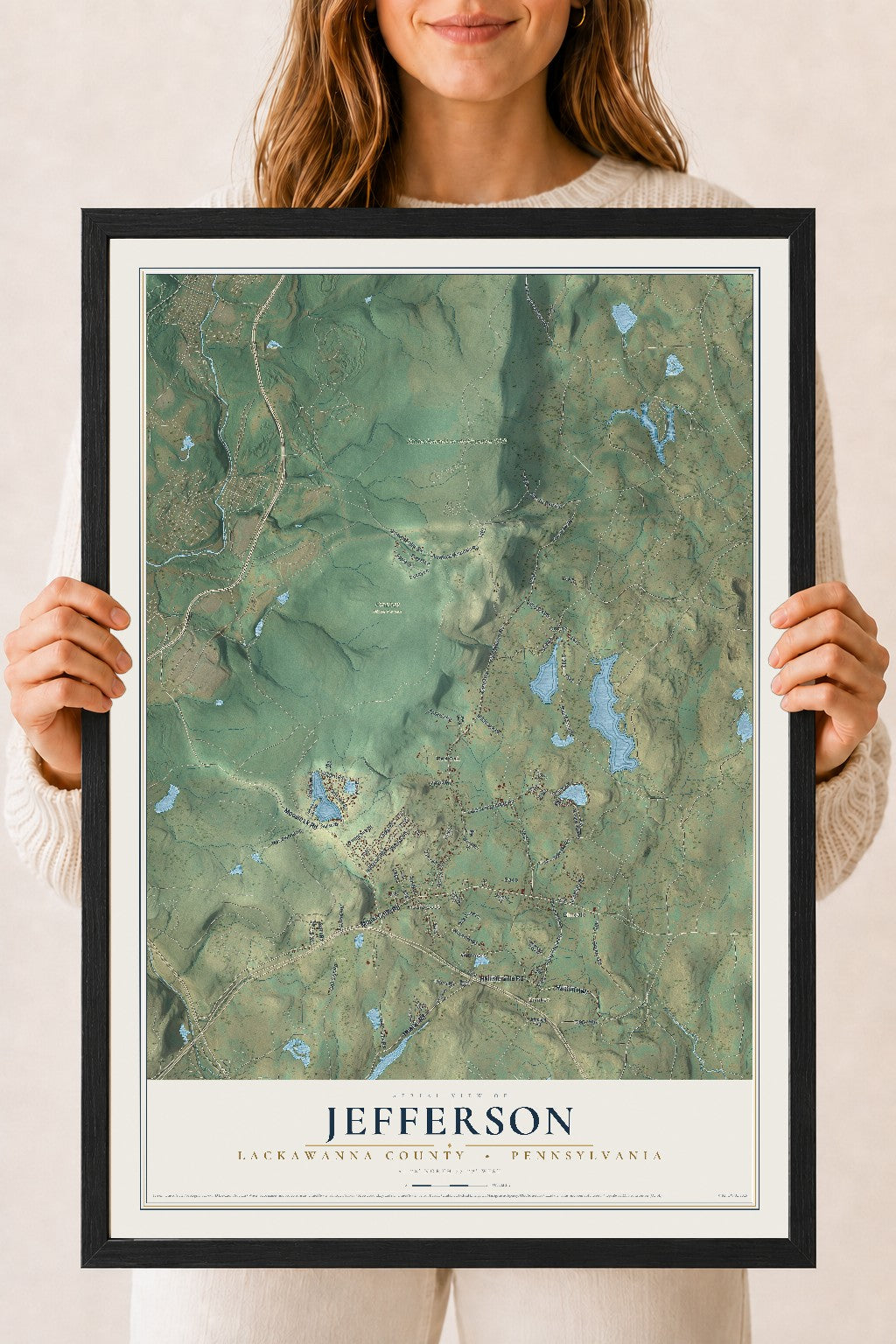 Map of Jefferson, Lackawanna County, Pennsylvania, 18 x 24 inch print in a black wood frame