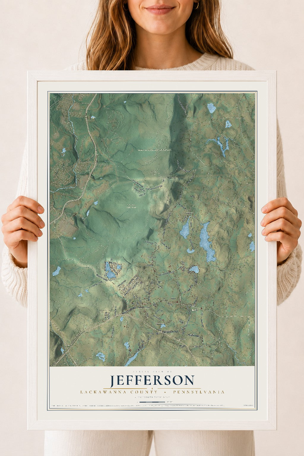 Map of Jefferson, Lackawanna County, Pennsylvania, 18 x 24 inch print in a white wood frame