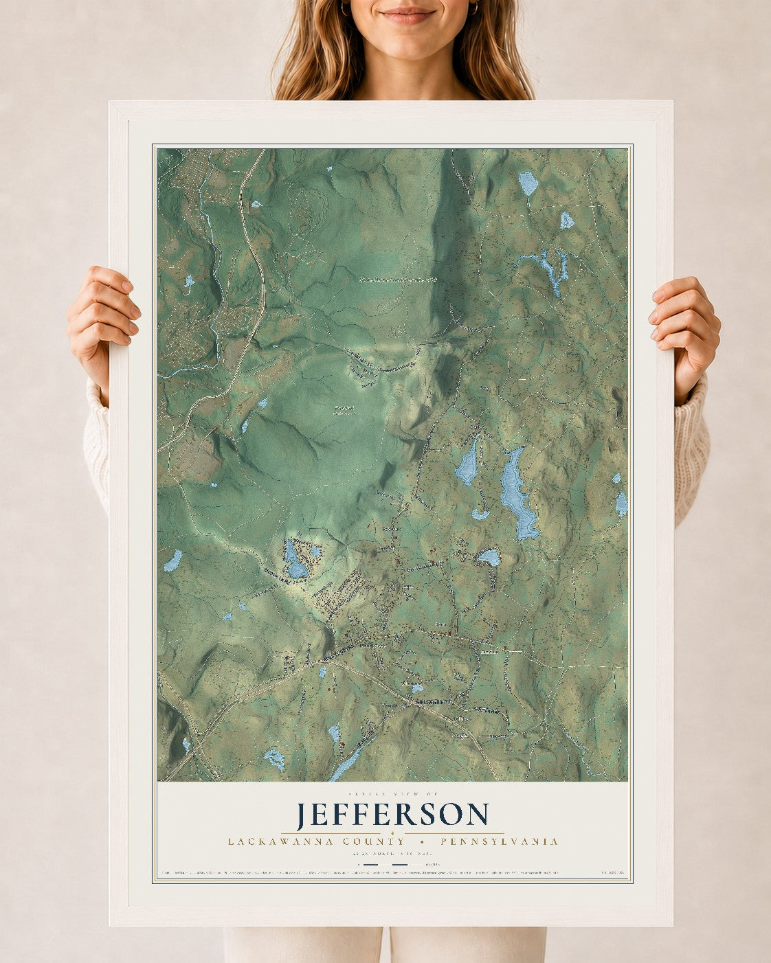 Map of Jefferson, Lackawanna County, Pennsylvania, 24 x 36 inch print in a white wood frame