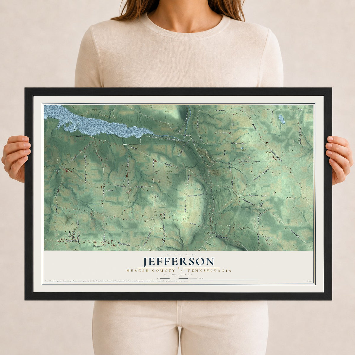Map of Jefferson, Mercer County, Pennsylvania, 12 x 18 inch print in a black wood frame