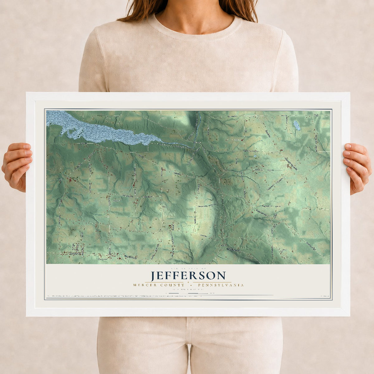 Map of Jefferson, Mercer County, Pennsylvania, 12 x 18 inch print in a white wood frame