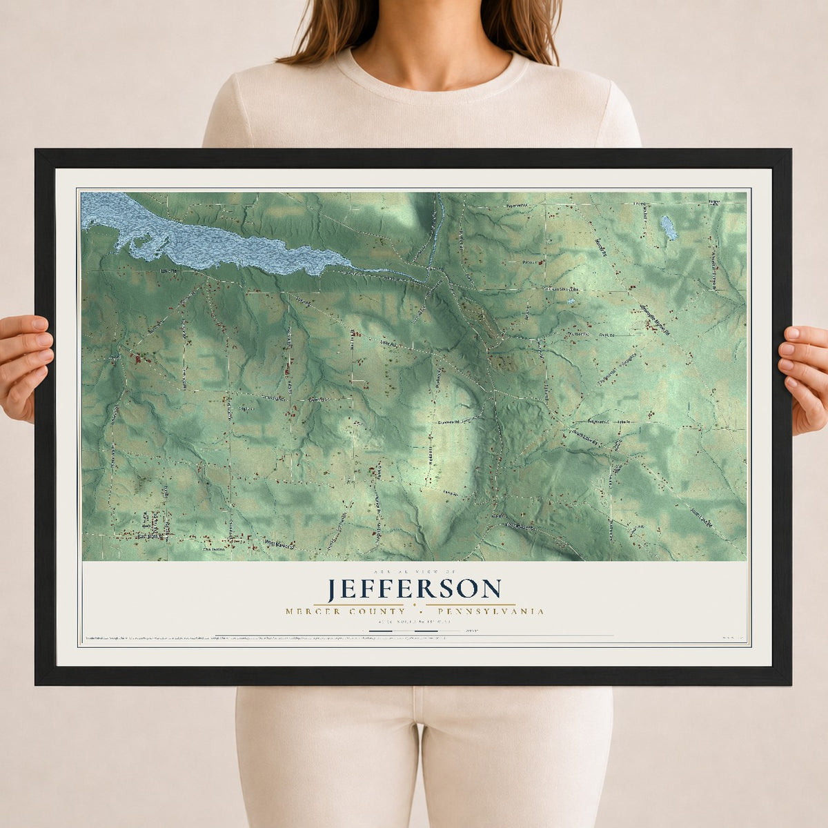 Map of Jefferson, Mercer County, Pennsylvania, 18 x 24 inch print in a black wood frame