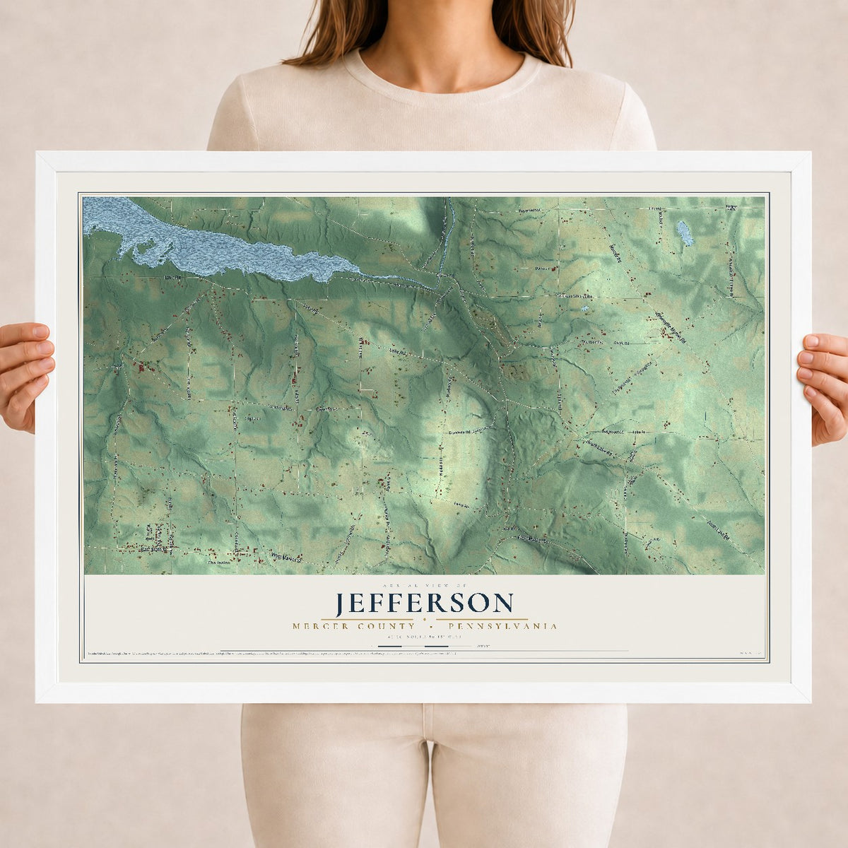 Map of Jefferson, Mercer County, Pennsylvania, 18 x 24 inch print in a white wood frame