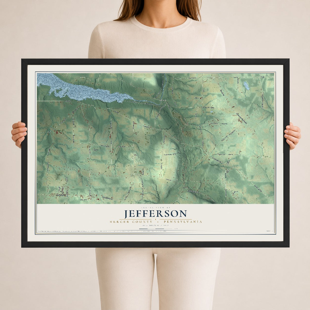 Map of Jefferson, Mercer County, Pennsylvania, 24 x 36 inch print in a black wood frame