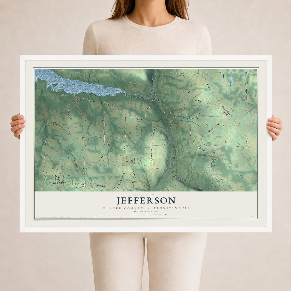 Map of Jefferson, Mercer County, Pennsylvania, 24 x 36 inch print in a white wood frame