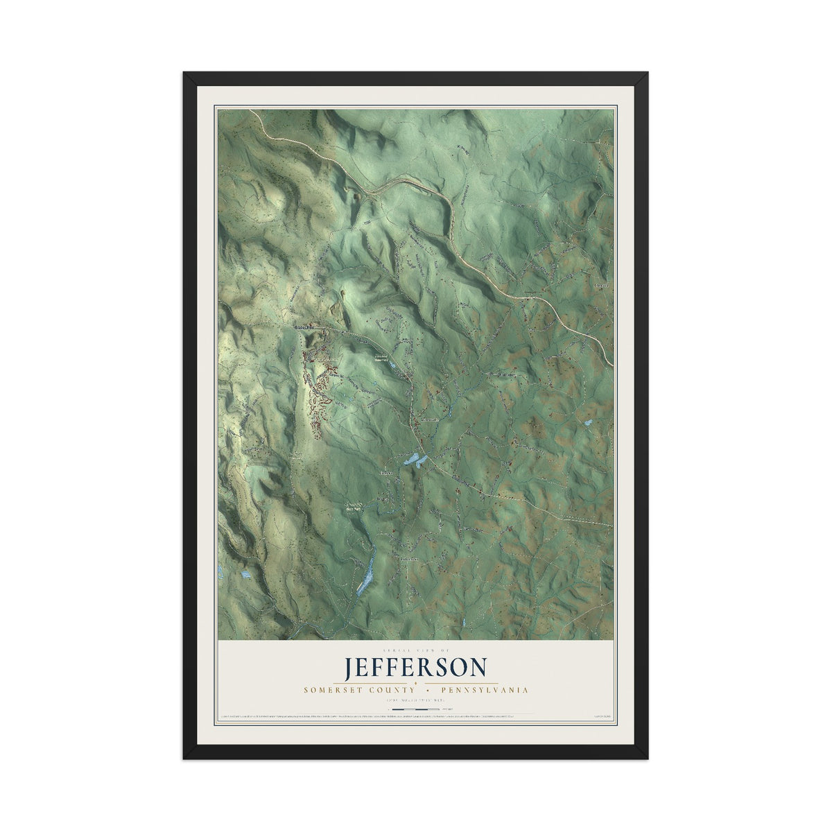 Map of Jefferson, Somerset County, Pennsylvania, 12 x 18 inch print in a black wood frame