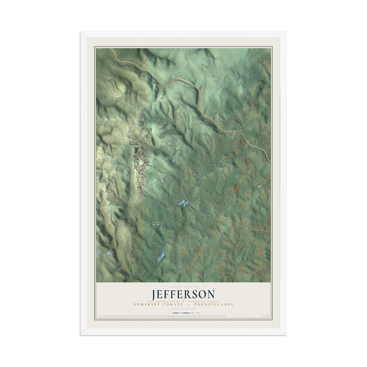 Map of Jefferson, Somerset County, Pennsylvania, 12 x 18 inch print in a white wood frame