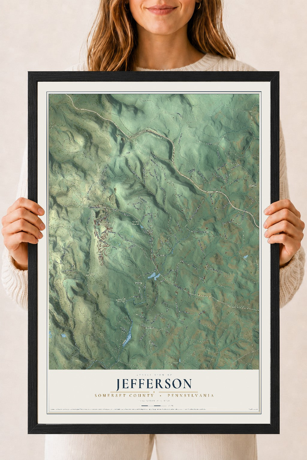 Map of Jefferson, Somerset County, Pennsylvania, 18 x 24 inch print in a black wood frame