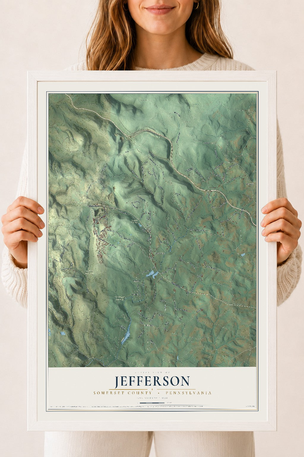 Map of Jefferson, Somerset County, Pennsylvania, 18 x 24 inch print in a white wood frame
