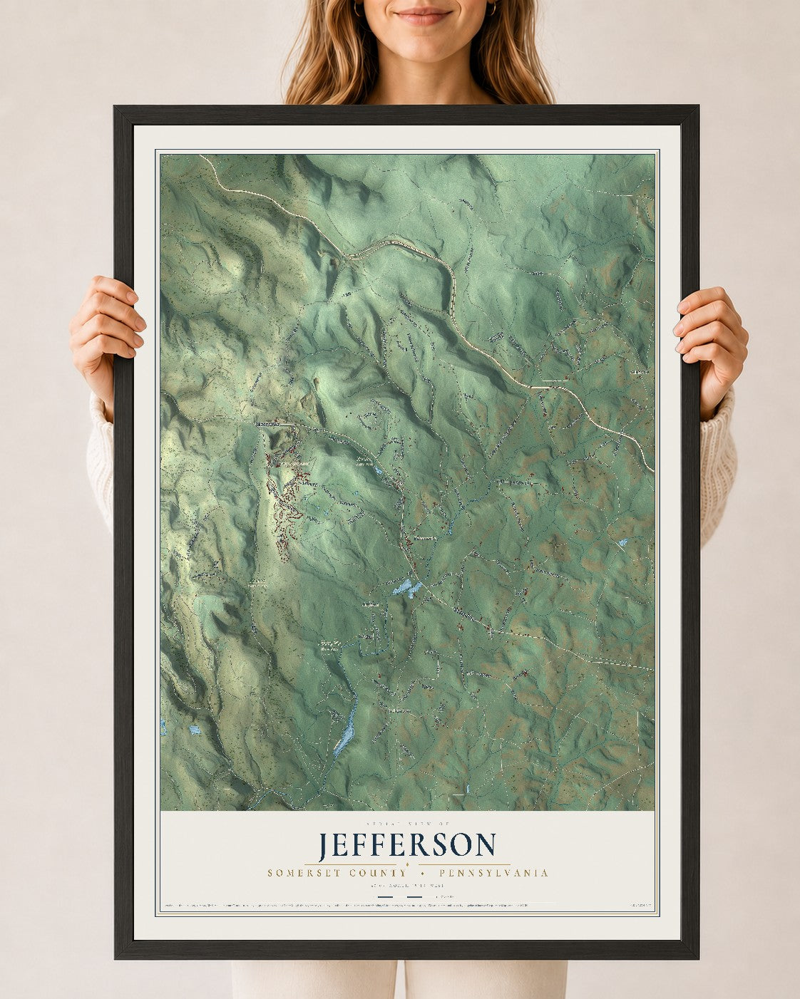 Map of Jefferson, Somerset County, Pennsylvania, 24 x 36 inch print in a black wood frame